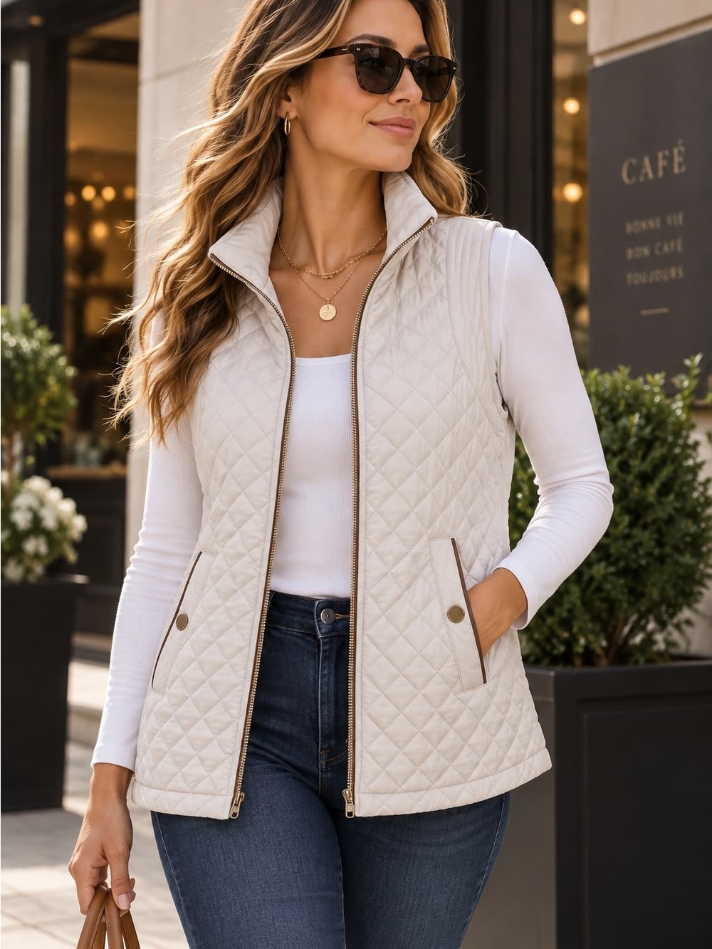 U.S. Polo Assn. Cream Quilted Sleeveless Vest with Zip — Large